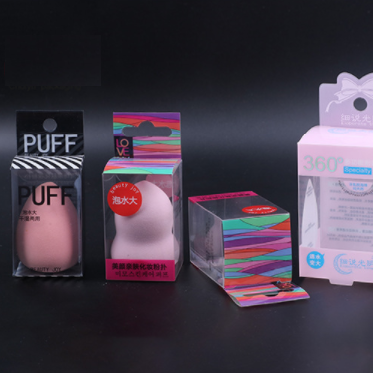 Eco-friendly PVC PET Custom logo cosmetic powder puff makeup sponge folding packaging box