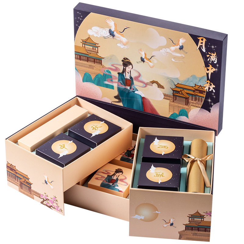 Custom luxury design moon cake paper packaging gift boxes mooncake box