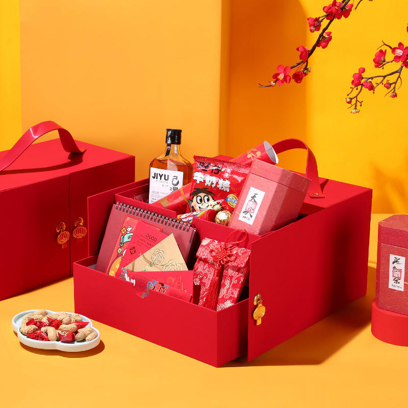 Hong Kong supplier accepts custom red color 2020 portable drawer double door New Year gift box