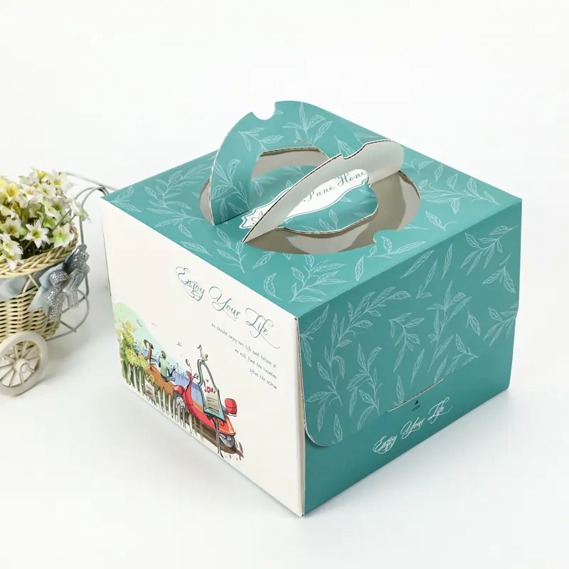 Wholesale Printed White Cardboard Paper Cake Takeaway Dessert Food Packaging Box with Handle